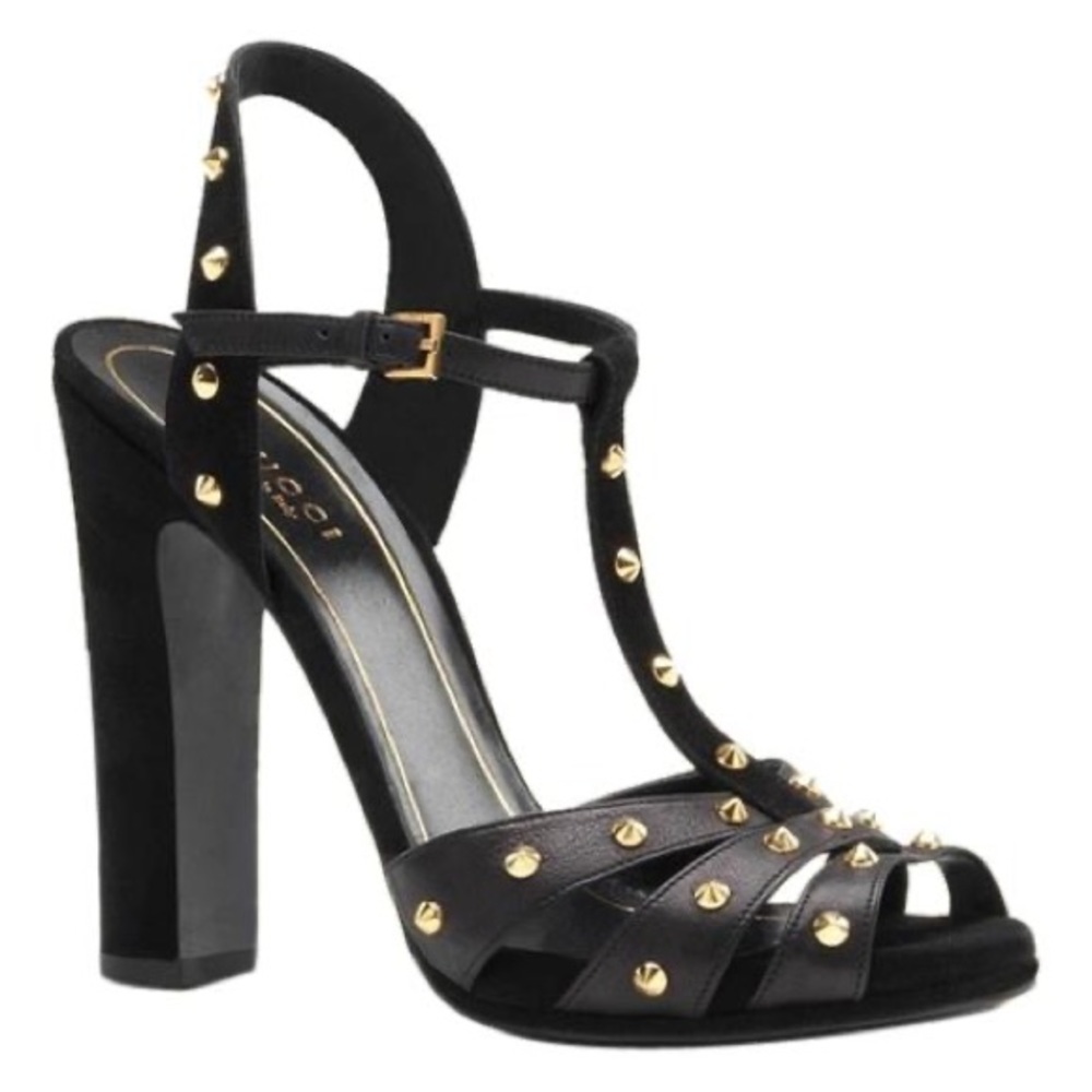 GUCCI Black Suede/Black Leather Jacquelyne Studded Strappy Platform Sandals